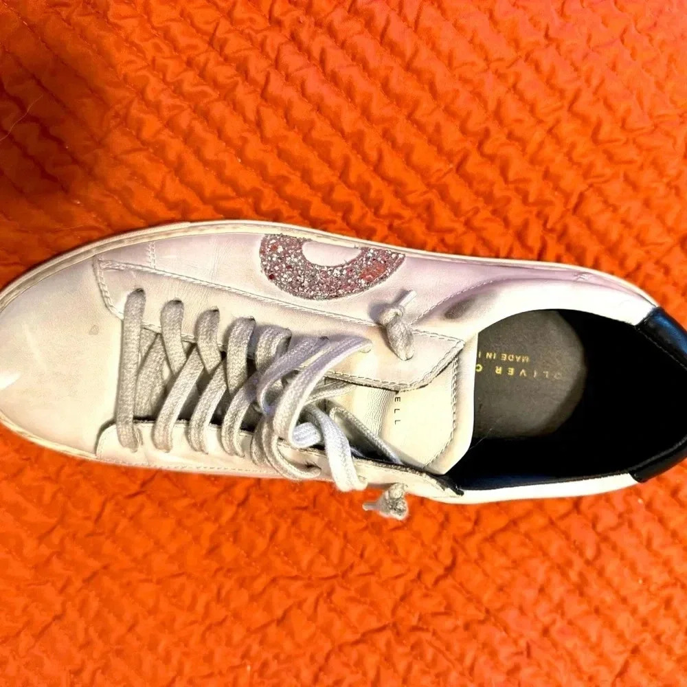 Oliver Cabell White Sneaker with Pink Glitter 'C' Accent